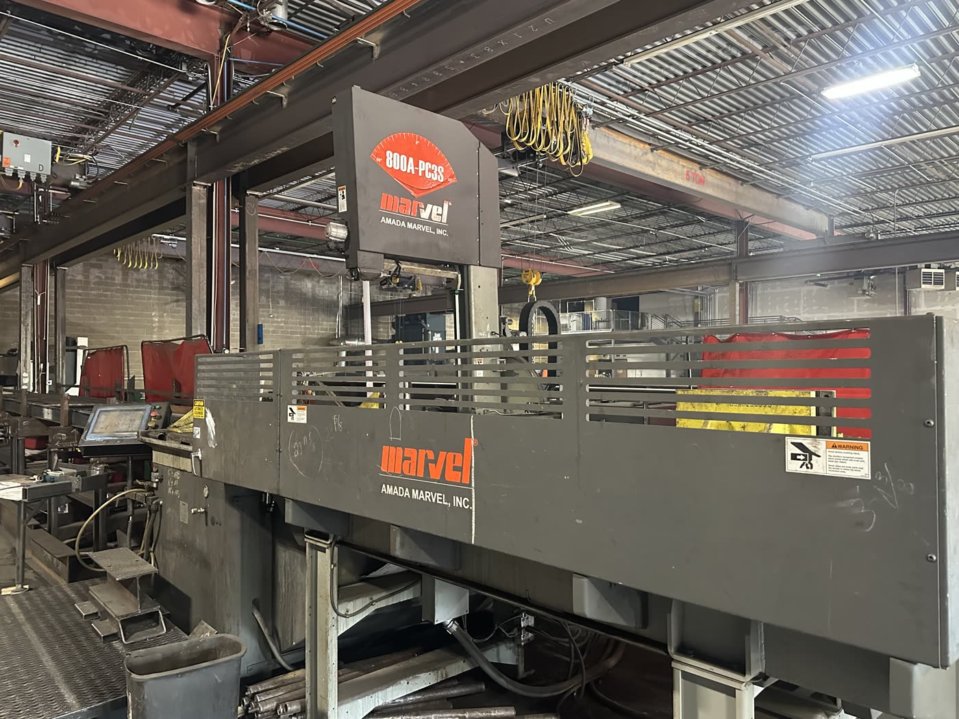 Marvel structural band saw inside the FSW fabrication shop.