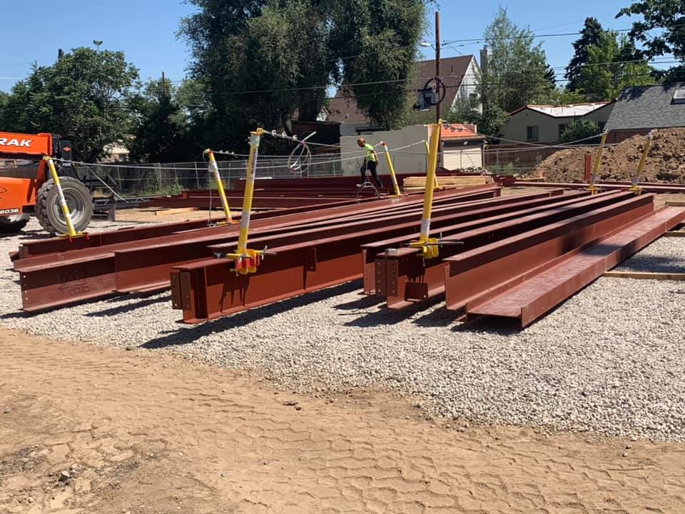 Steel beam columns on a construction site.