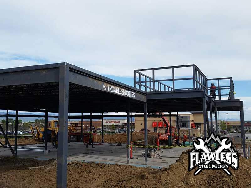 Erected steel structure on Bank of America in highlands Ranch construction site.