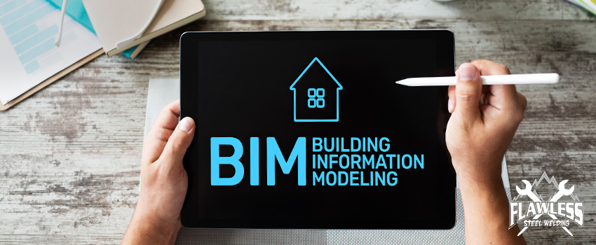 A close-up of a hand holding a pen and a tablet with BIM building information modeling illustration on screen.