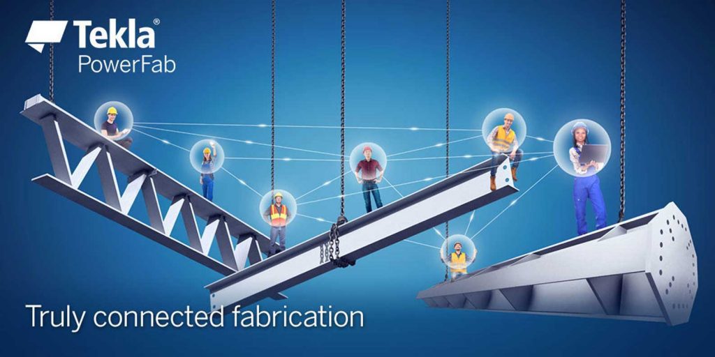 An illustration that shows a steel beam with people standing on it suspended by chains. Tekla PowerFab Truly connected fabrication.